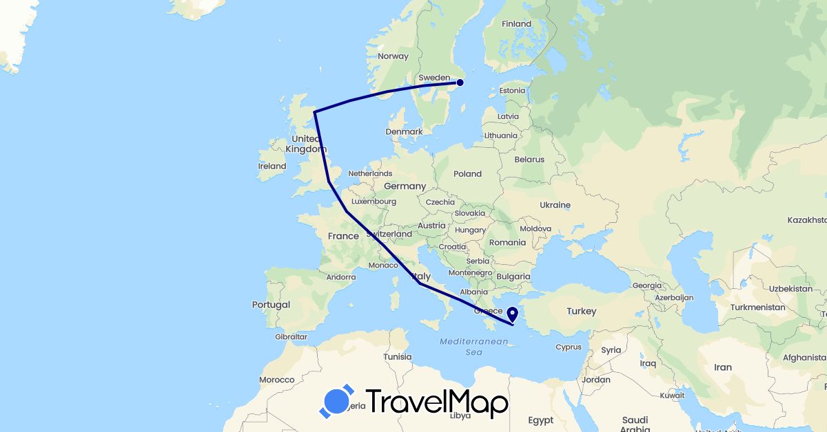 TravelMap itinerary: driving in United Kingdom, Greece, Italy, Sweden (Europe)